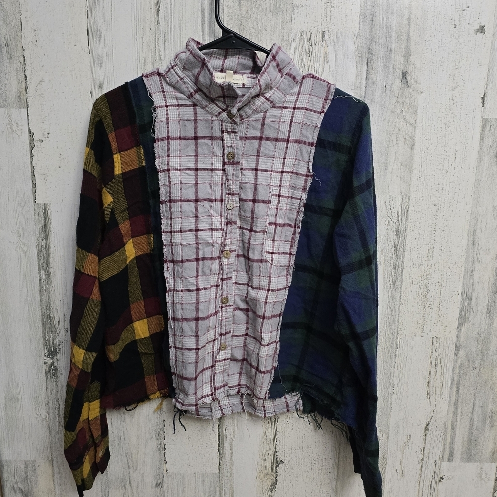 Gilded Intent Boho Plaid Patchwork Button-Up Shirt Womens Size Large